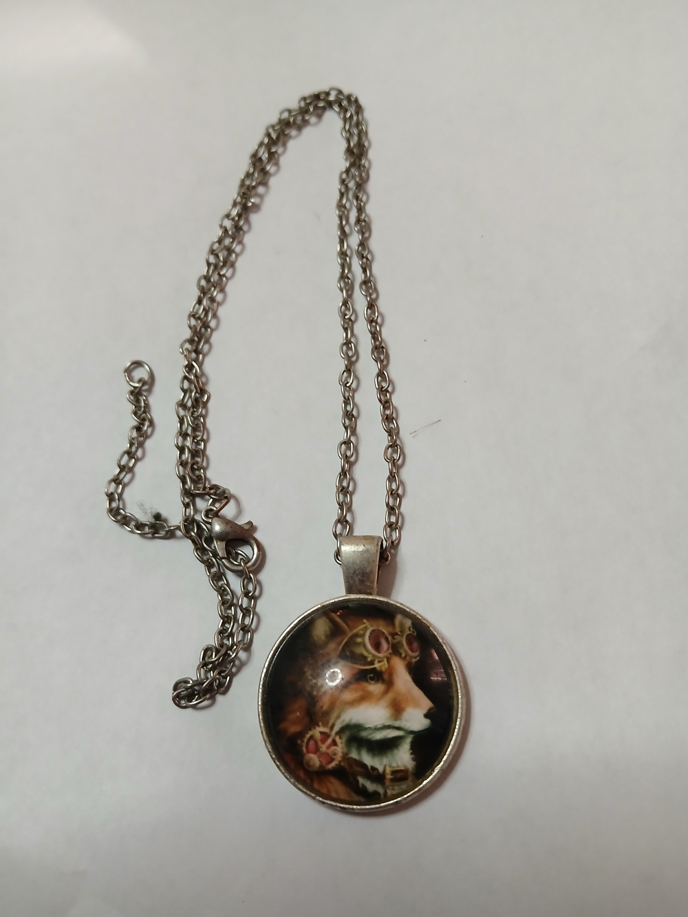 Steampunk Silver Fox Portrait Pendant Necklace - Brown